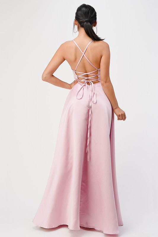 open side back spaghetti zig zag tie satin gown - Fuzzys Fashion USA