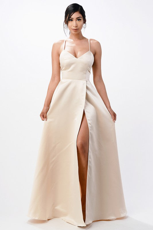 open side back spaghetti zig zag tie satin gown - Fuzzys Fashion USA