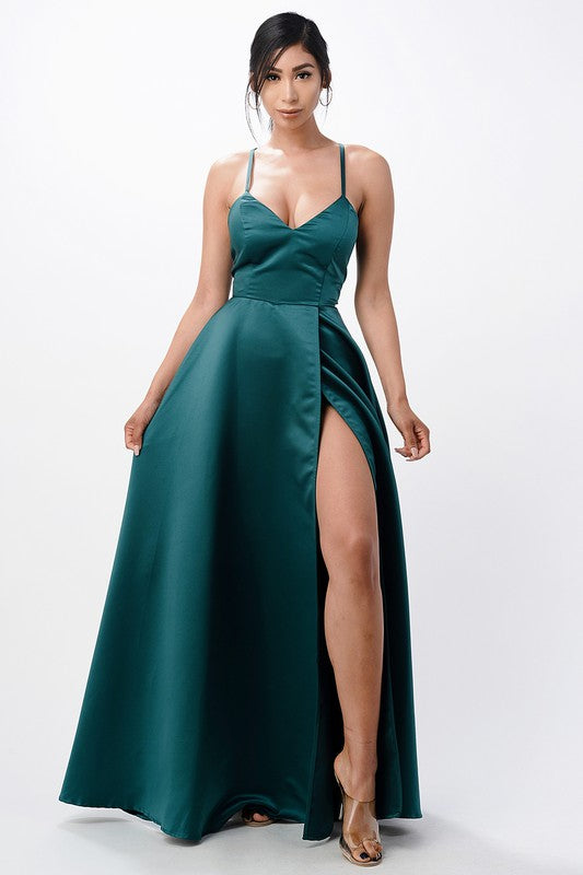 open side back spaghetti zig zag tie satin gown - Fuzzys Fashion USA