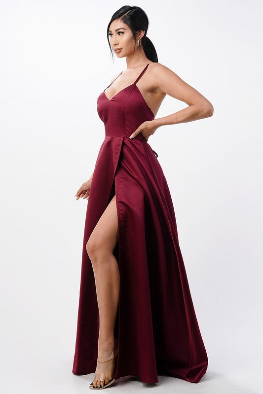 open side back spaghetti zig zag tie satin gown - Fuzzys Fashion USA