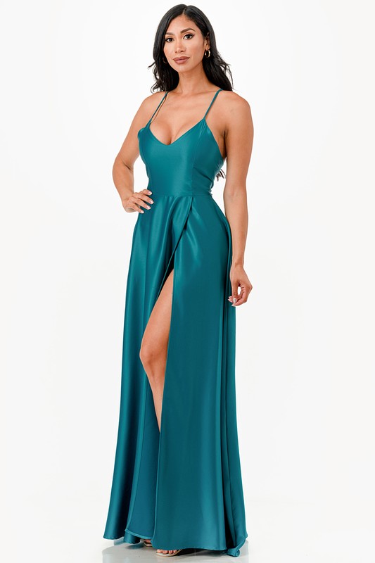 open side back spaghetti zig zag tie satin gown - Fuzzys Fashion USA