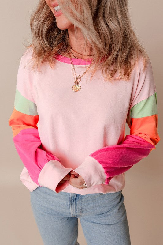 Women Colorblock Patchwork Long Sleeve Loose Top - Fuzzys Fashion USA