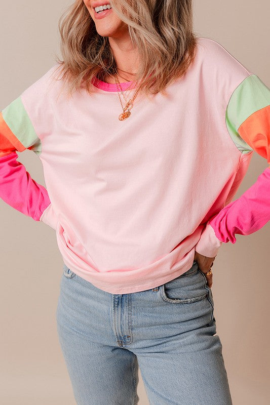 Women Colorblock Patchwork Long Sleeve Loose Top - Fuzzys Fashion USA